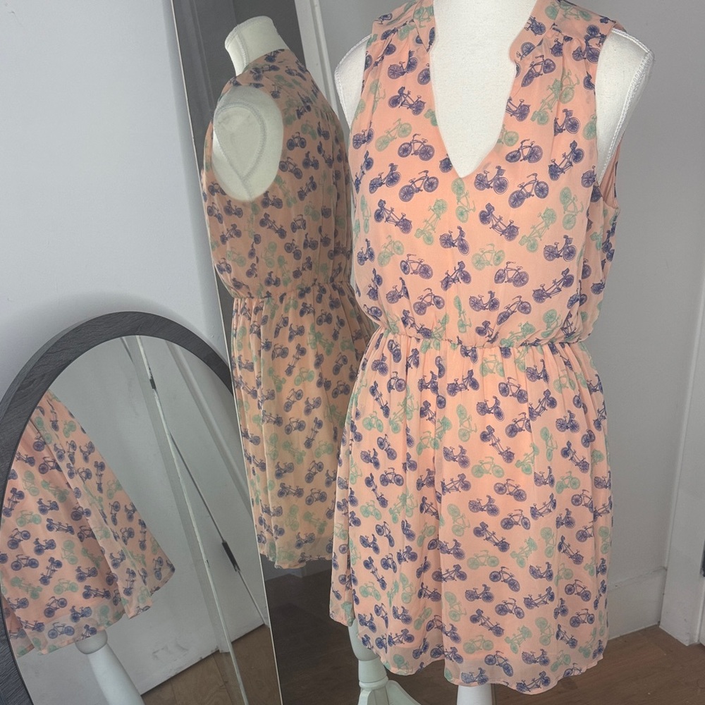 Bicycle Dress - Pink Owl Peach, Blue & Green Bike Print - Sz Med